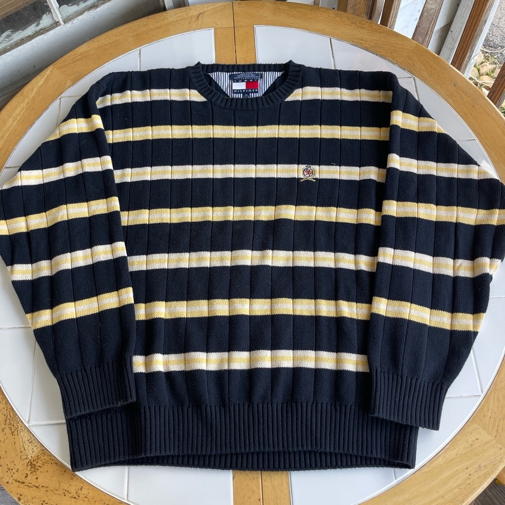 Vintage Tommy Hilfiger Sweater XL Striped Colorblock Oversized Boxy Fit Preppy